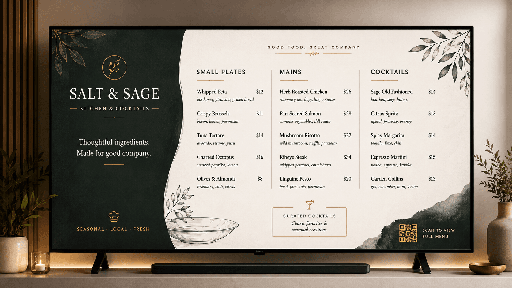 A TV in a warm living-room-style setting showing the Salt & Sage restaurant's menu design, with dark green and cream panels and gold botanical illustrations