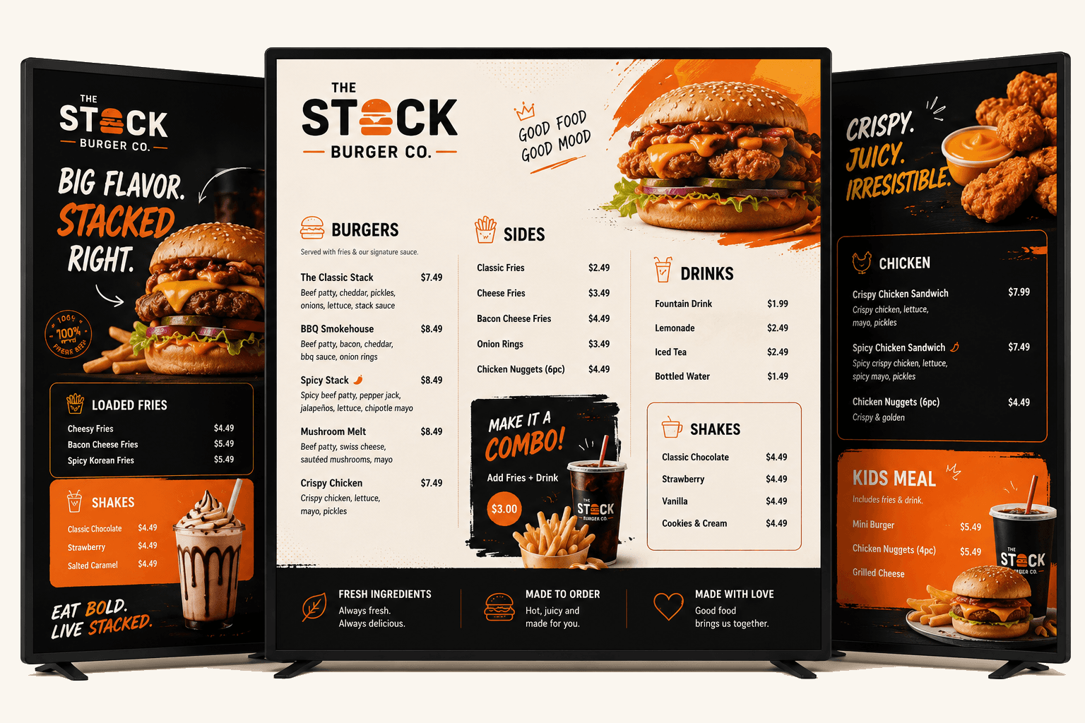 Three different digital menu board designs for The Stack Burger Co., shown on TV screens — bold black and orange branding with real burger and chicken photography