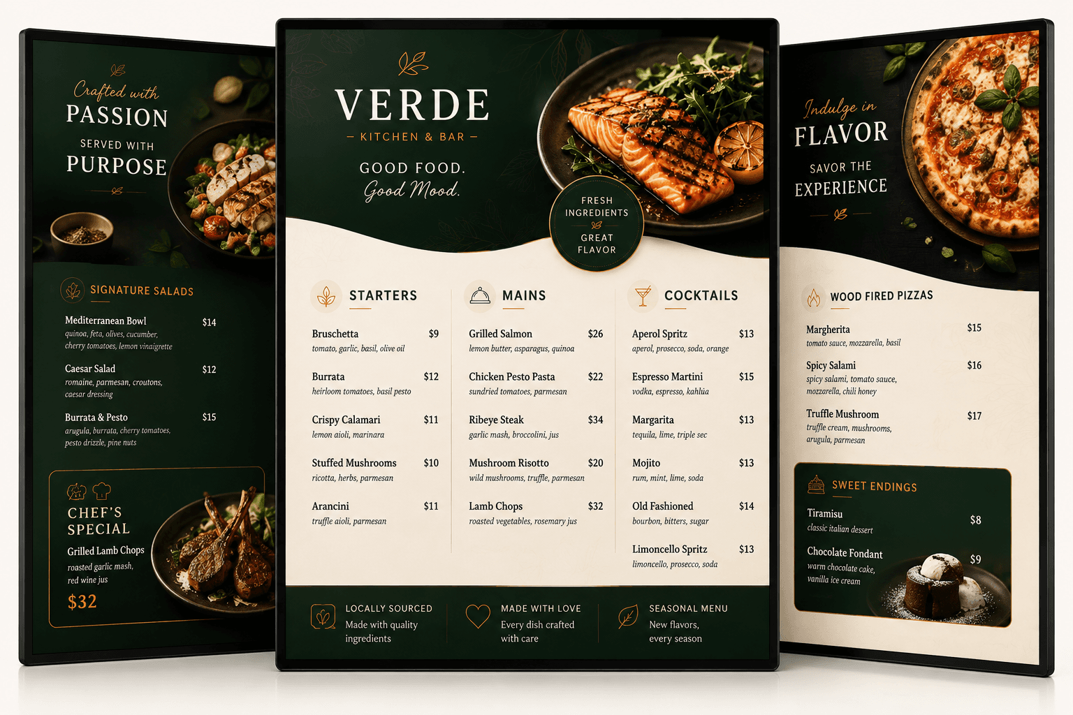 Three different digital menu board designs for the Verde Kitchen & Bar restaurant, shown on TV screens — dark green with gold botanical accents and real food photography